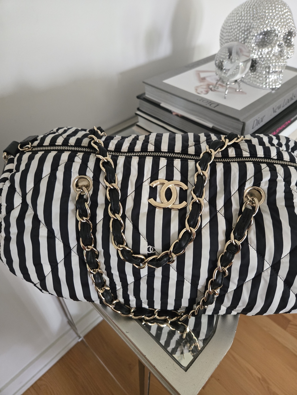 CHANEL  24M coco beach black and white striped bowling bag